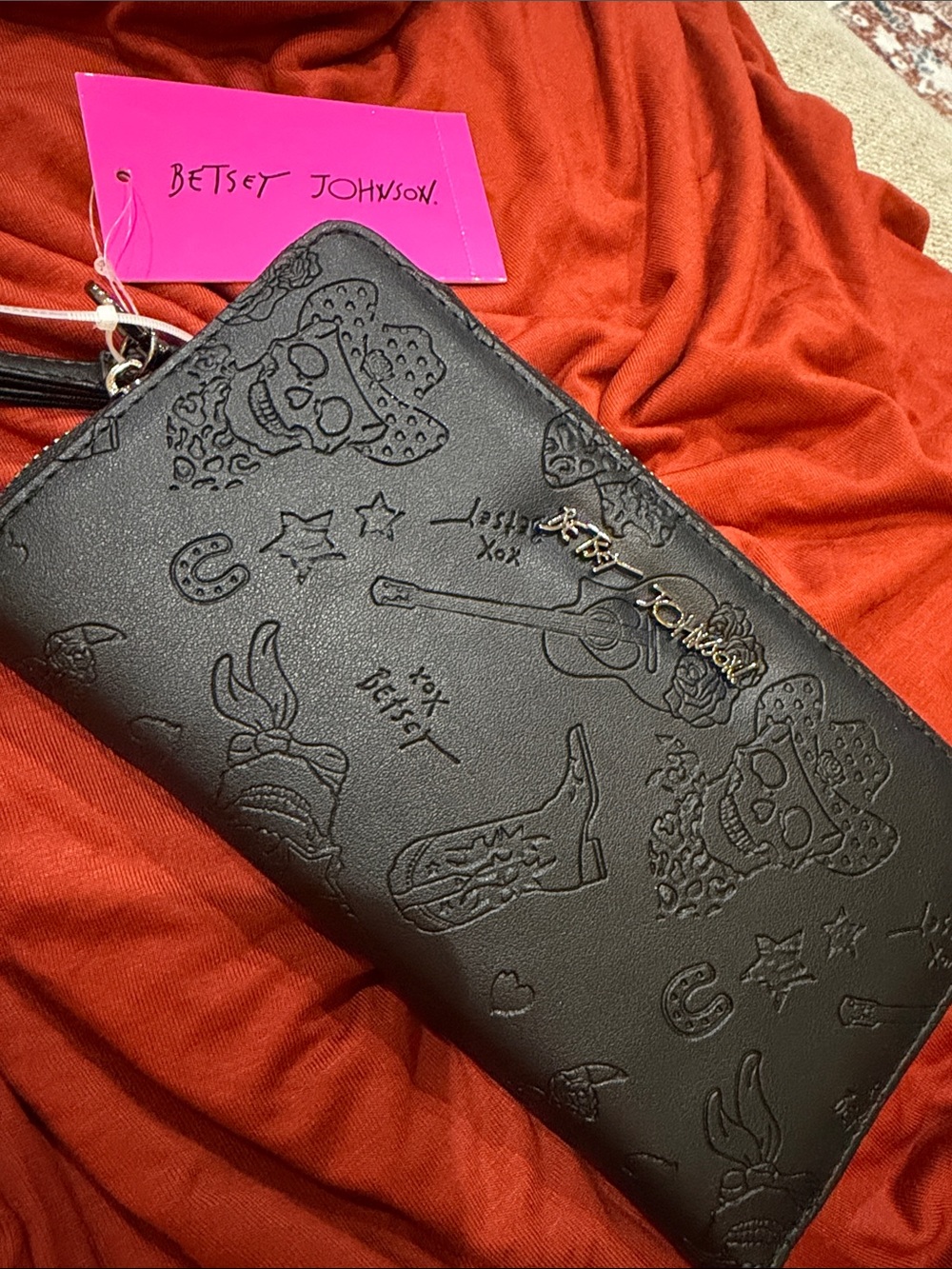 Betsey Johnson NWT Black Embossed Skull & Guitar Wristlet